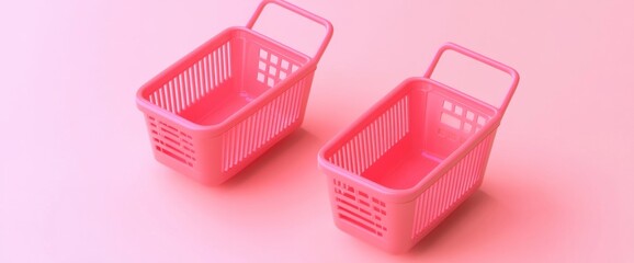 Two empty pink shopping baskets on a pastel pink background