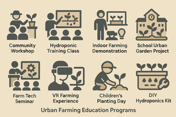 Urban farming solid icons set – silhouette, filled, gardening and education symbols