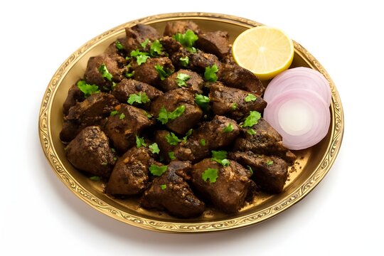 Traditional Spicy Fried Kaleji (Liver) Served on a Golden Plate with Garnish,Eid food,Generative with ai
