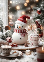 Joyful snowman in festive setting with ornaments and treats