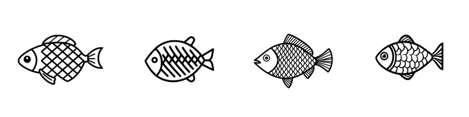 Vector illustration of four distinct fish designs showcasing various patterns and shapes in a minimalistic style