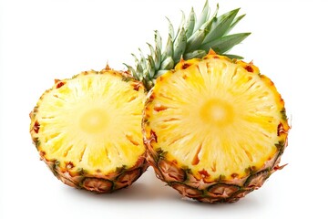 Two halves of a pineapple, vibrant yellow flesh, with green leaves