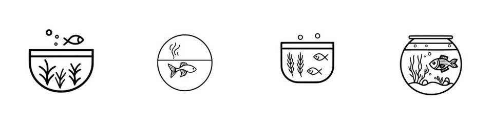 Fototapeta premium Vector illustration of four different fish bowls showcasing various aquatic life and decorative elements in a simple design