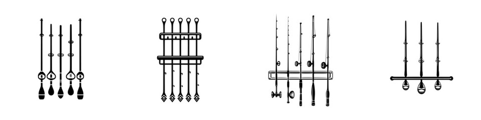 Vector illustration icon collection of fishing gear mounted on a display board with diverse rod shapes and fishing accessories