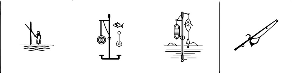 Fishing icons showcasing various techniques for catching fish in a calm water environment