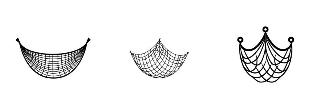 Vector illustration of three unique hammock designs in black outline style suitable for outdoor relaxation themes