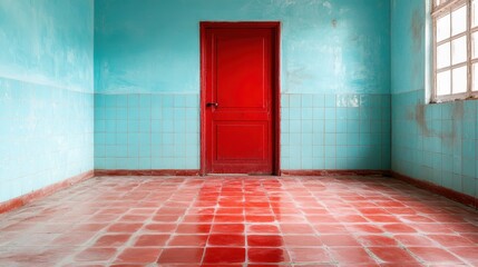 A rustic red door is framed by faded aqua walls, creating a serene atmosphere enriched with historical essence and a sense of tranquility amid the worn-out surroundings.