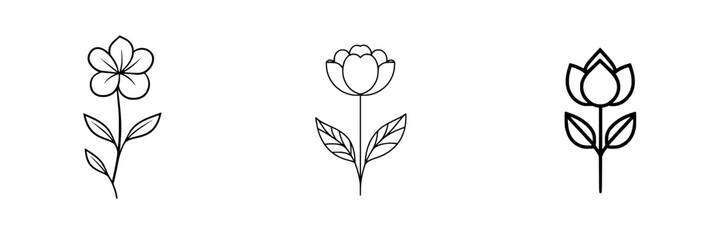 Vector illustration of three distinct floral designs featuring a flower, a peony, and a lotus on a plain background