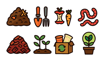 Gardening and composting line icons set – filled, outline, sustainable symbols