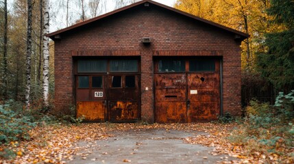 A charming rustic garage with weathered doors surrounded by vibrant autumn foliage, creating a picturesque seasonal setting that evokes nostalgia for past times.