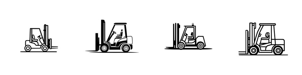 Vector illustration of forklifts in various angles and positions in a warehouse setting