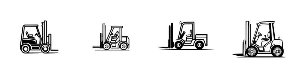 Fototapeta premium Vector illustration showcasing various forklift designs in different perspectives and positions for industrial and logistics use