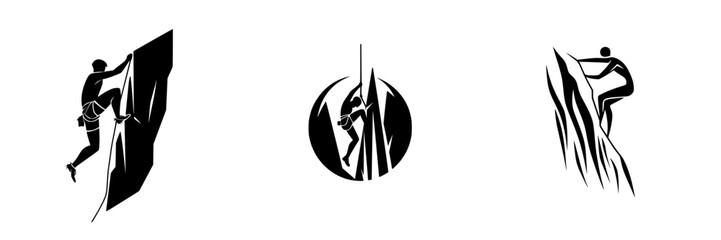 Vector illustration icons depicting rock climbing activities showcasing climbers ascending various rock formations