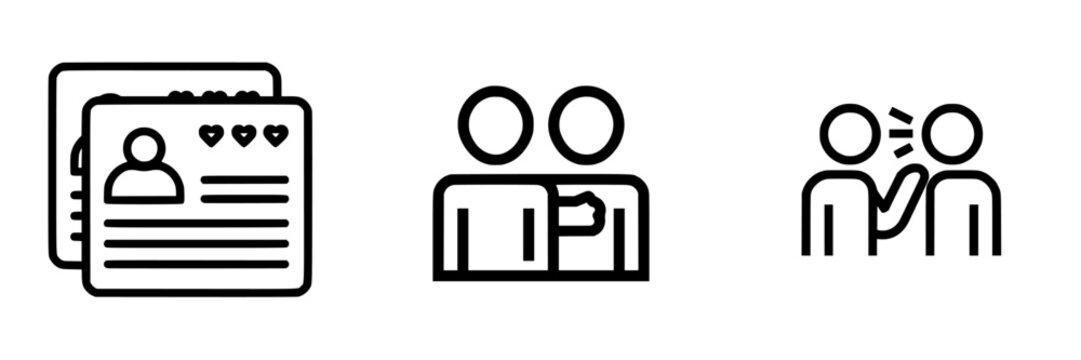 Vector illustration icons representing profile sharing, friendship, and communication in digital interactions