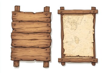 Naklejka premium Two vintage wooden signs, one plain, one with map