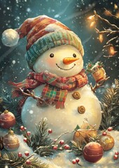 Cheerful Snowman Surrounded by Christmas Ornaments in Winter Scene