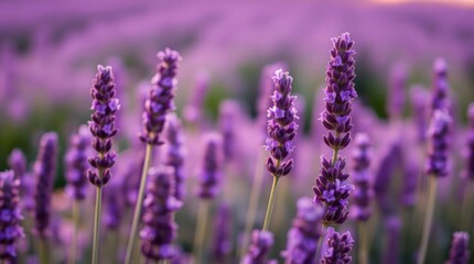 Obraz premium Vibrant purple lavender flowers in a field, bathed in soft sunlight