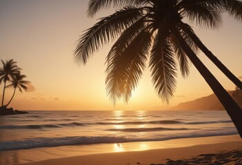 Fototapeta na wymiar Golden hour beach scene, palm silhouette, film flare, photo, beautiful