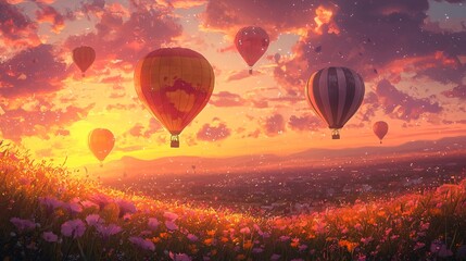 Fototapeta premium Hot air balloon flies over the sunset of flower fields