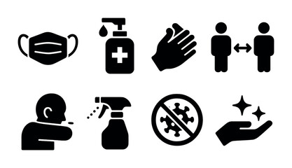Health and safety solid icons set – filled, silhouette, hygiene and protection symbols