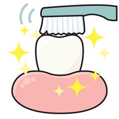 健康な歯と歯ブラシによるブラッシングをイメージした虫歯予防のベクターイラスト