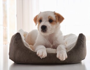 Cachorro de perro en su camita.