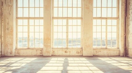 Empty room with large windows and sunlight streaming in.