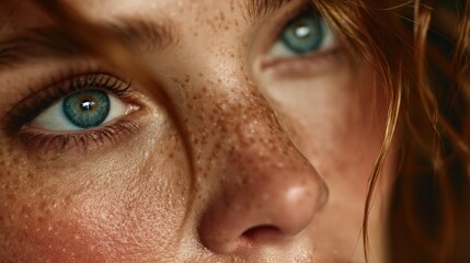Cinematic closeup of freckled woman no makeup studio portrait intimate beauty expression