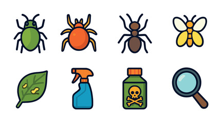 Pest control and insect outline icons set – flat, line, identification symbols
