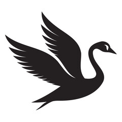 Clean flying swan illustration in black silhouette line art style on transparent background