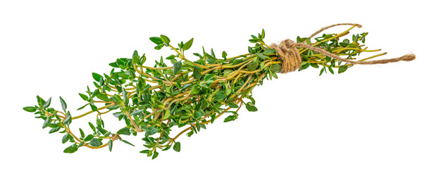 Bunch of thyme tied with twine, Thyme spice isolated on white background,