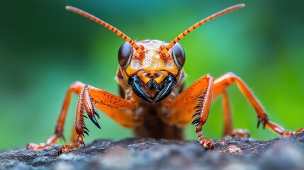 A stunning close-up capture of a vibrant orange insect emphasizing its intricate features including eyes, antennae, and legs in a natural leafy backdrop.