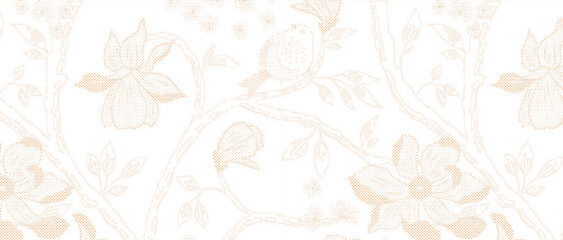 Delicate beige floral illustration on a soft white background with fine dotted texture and flowing vine design. © kartik