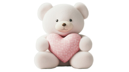 Fototapeta premium A set of sweet white teddy bears hugging plush hearts and smiling, isolated on a transparent background