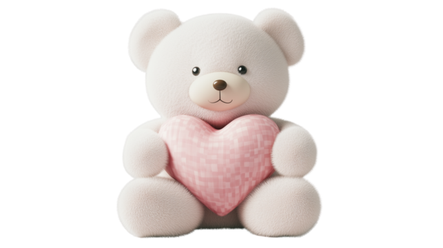 A set of sweet white teddy bears hugging plush hearts and smiling, isolated on a transparent background