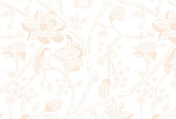 Delicate beige floral illustration on a soft white background with fine dotted texture and flowing vine design.