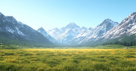 Fototapeta premium Highland meadow encased by snow-capped peaks under a clear sky.