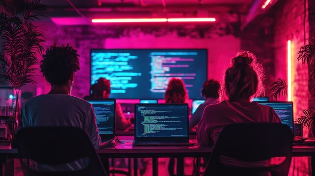 Group of Developers Coding on Laptops in Neon-Lit Tech Workshop developers coding workshop group ai