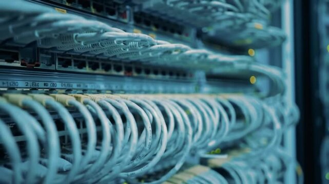 Detailed view of a data center filled with advanced networking equipment. Multiple cables connect servers, while lights indicate activity, highlighting the complexity of modern data handling.