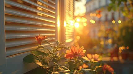 Warm sunset view through antique shutters and flowers.