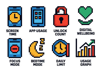 Digital wellbeing pixel art icons set – screen time, app usage, focus mode