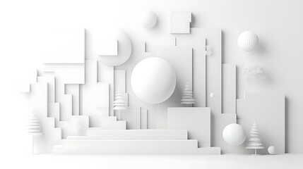 Abstract white geometric shapes, minimalist scene