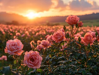 Pink rose field sunset scenery