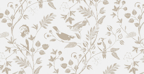 Delicate beige floral illustration on a soft white background with fine dotted texture and flowing vine design.