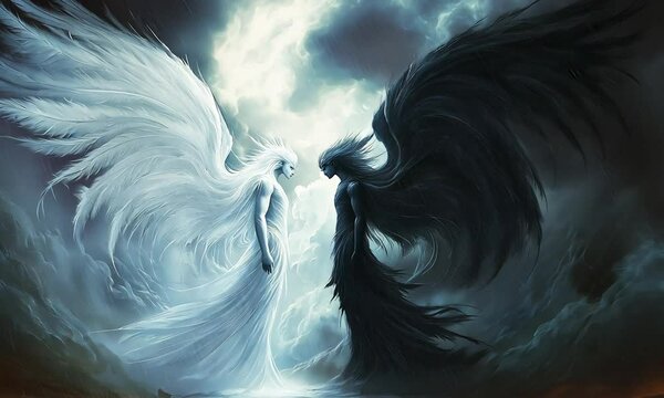 Two horse-like spirits in white and black form swirling in cosmic motion, symbolizing duality and balance. Abstract spiritual concept