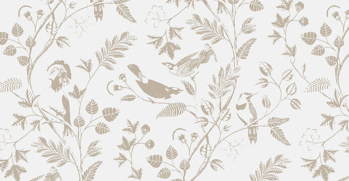 Delicate beige floral illustration on a soft white background with fine dotted texture and flowing vine design.