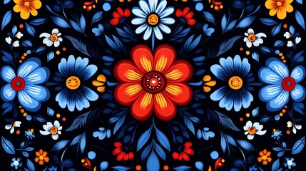Vibrant floral pattern featuring stylized flowers and leaves on a dark background