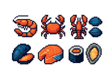 Fototapeta premium Pixel art seafood icons set with shrimp, crab, lobster, and sushi elements