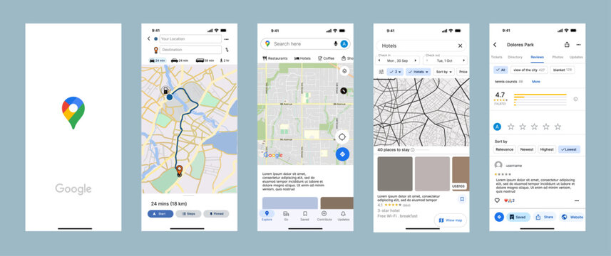 Google Maps mobile UI mockup &ndash; modern navigation and location tracking interface showcasing Google Maps route planner, real-time GPS map view, search bar, nearby places, and clean user experience desi