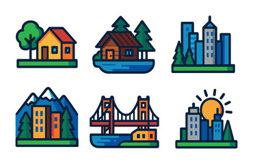 Architectural and urban icons set – outline, cityscape, building and landscape symbols